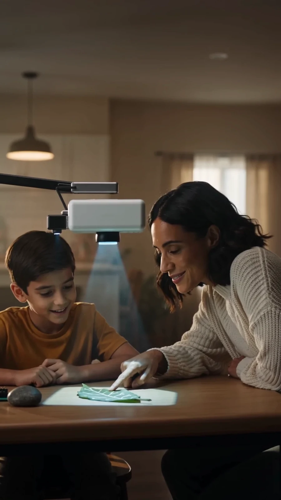 AI-illustrated parent and child discovering a leaf together