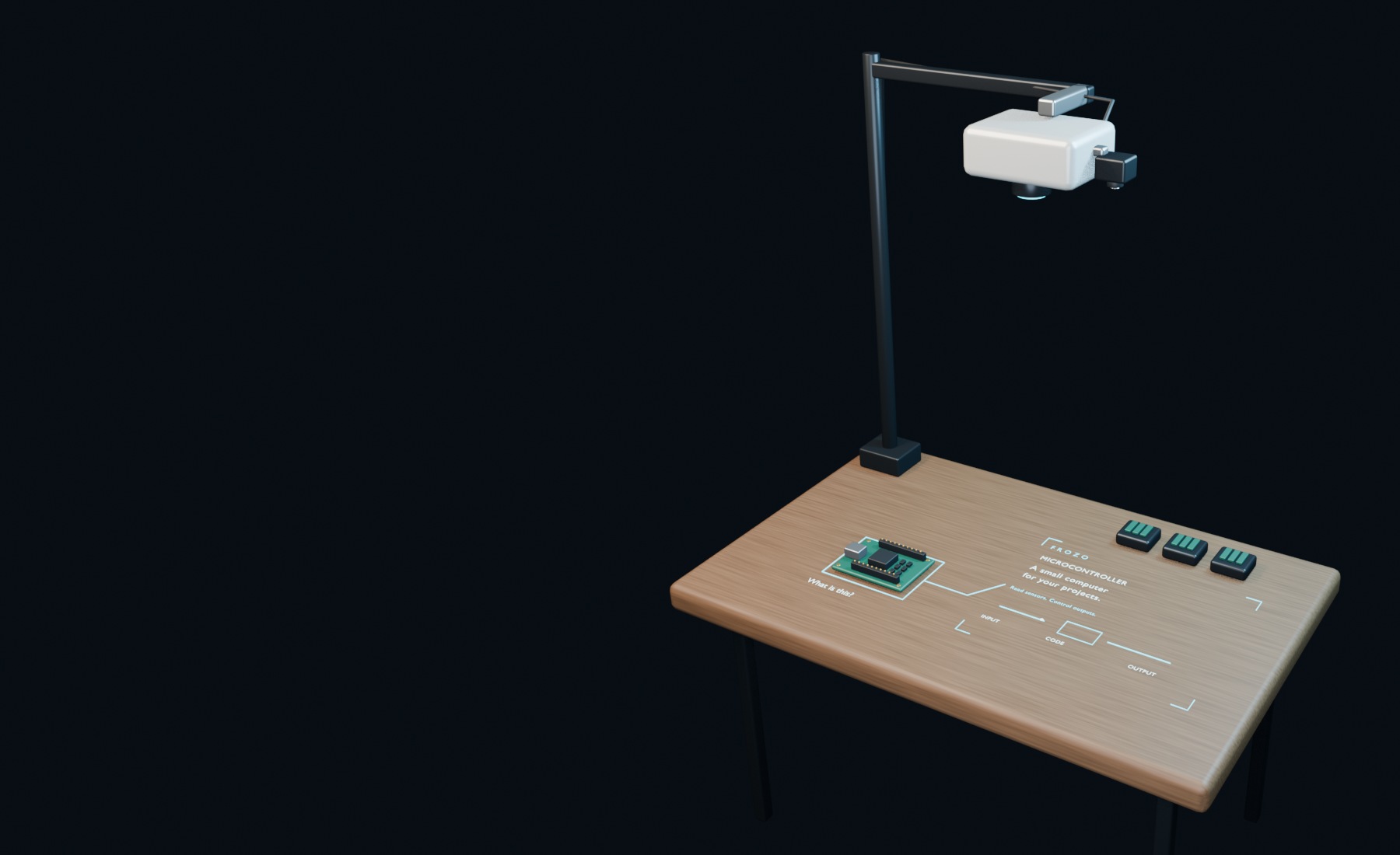 Blender concept of a projector and camera above a table
