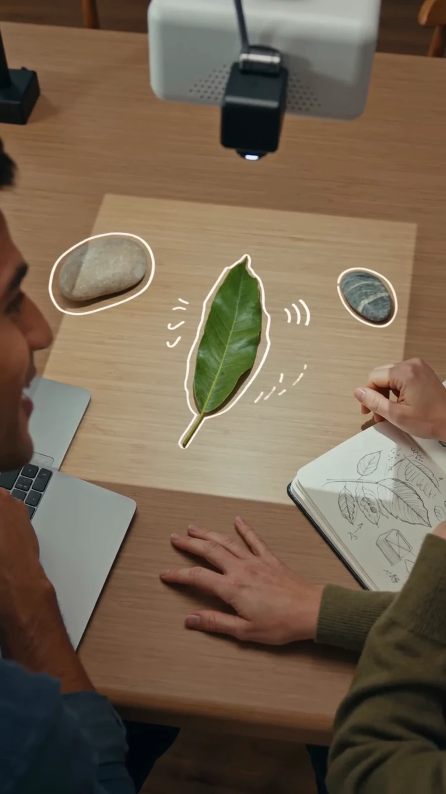 AI-illustrated adults exploring objects on a shared table
